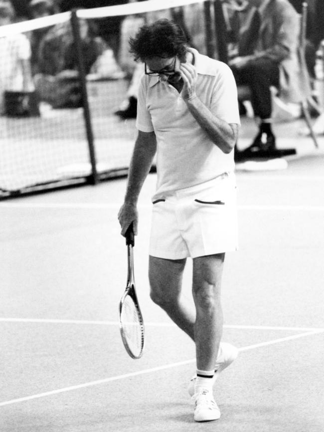 Riggs walks off the court near the end of the third match against Billie Jean King. Pic: AP.