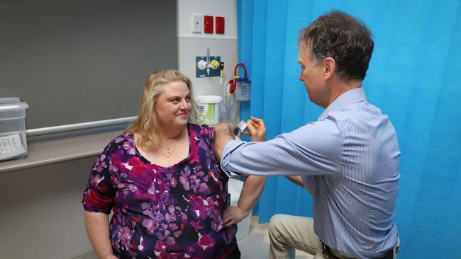 Dr Caroline Phegan, Executive Director of Medical Services for the Riverland, Mallee, and Coorong Local Health Network, is the first person in Australia to be given the AstraZeneca vaccine. Picture: NCA NewsWire / Dean Martin