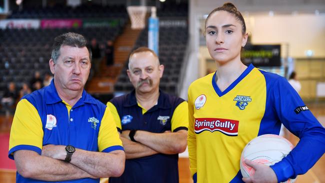 Newton Jaguars Premier League netball captain Laura Scriven with coach Jim Haldane and president Phillip McDonell. Jags are calling on Netball SA to change its recruiting rules to help struggling clubs. Picture AAP/Mark Brake