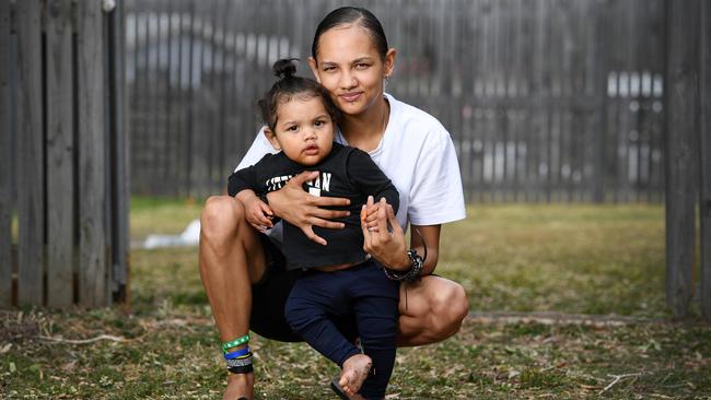 Townsville mum Monique Geordie and her 10-month-old son Dequan have been homeless for months while they desperately search for rentals. Picture: Shae Beplate.