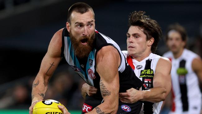 Charlie Dixon is a crucial element to the Power’s forward line, even when he’s not kicking goals. Picture: James Elsby/AFL Photos via Getty Images