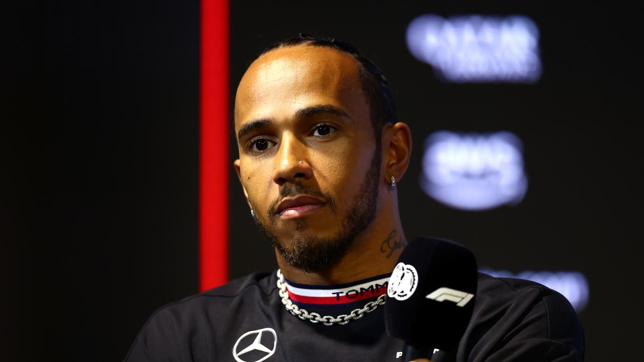 JEDDAH, SAUDI ARABIA - MARCH 16: Lewis Hamilton of Great Britain and Mercedes attends the Drivers Press Conference during previews ahead of the F1 Grand Prix of Saudi Arabia at Jeddah Corniche Circuit on March 16, 2023 in Jeddah, Saudi Arabia. (Photo by Bryn Lennon/Getty Images)