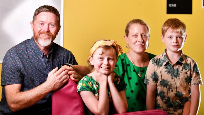 Charters Towers girl, Violet Barrie 9, has had her last session of chemo at Townsville University Hospital, after being diagnosed with Acute lymphoblastic leukemia in August 2018. Pictured with dad Matthew, mum Kristi and brother Archie 7. Picture: Alix Sweeney