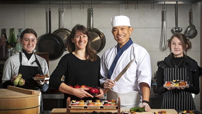 (L-R) Brihana Olive, Lucy Whitehead, Sushi Chef Masaaki Koyama and Emmalee Jones of Masaaki's Sushi at Geeveston. Picture Chris Kidd