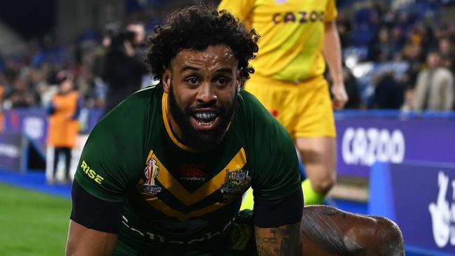 Josh Addo-Carr described himself as a freaky man against Italy and the freak show rolled on against Lebanon. Picture: Gareth Copley/Getty Images