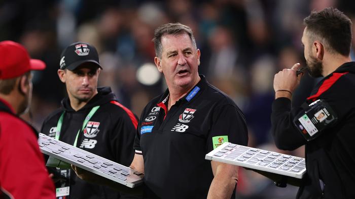 ADELAIDE, AUSTRALIA - APRIL 26: Ross Lyon, Senior Coach of the Saints during the 2024 AFL Round 07 match between the Port Adelaide Power and the St Kilda Saints at Adelaide Oval on April 26, 2024 in Adelaide, Australia. (Photo by Sarah Reed/AFL Photos via Getty Images)