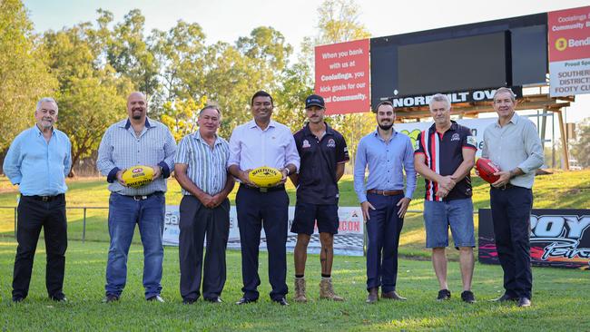 Stephen Hoyne (Litchfield Council CEO), Chris Civitarese (Litchfield Council Councillor) , Doug Barden (Litchfield Council Mayor), Jinson Charls (Minister for People, Sport and Culture), Michael Bowden (SDFC player), Andrew Mackay (Member for Goyder), Kevin Mulvahil (SDFC President), Gerard Maley (Deputy Chief Minister and Member for Nelson) at the Norbuilt Oval lights development announcement.