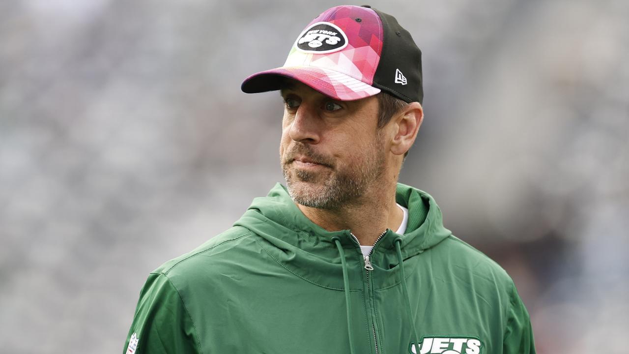 EAST RUTHERFORD, NEW JERSEY - OCTOBER 15: Aaron Rodgers #8 of the New York Jets looks on prior to the game against the Philadelphia Eagles at MetLife Stadium on October 15, 2023 in East Rutherford, New Jersey. (Photo by Sarah Stier/Getty Images)