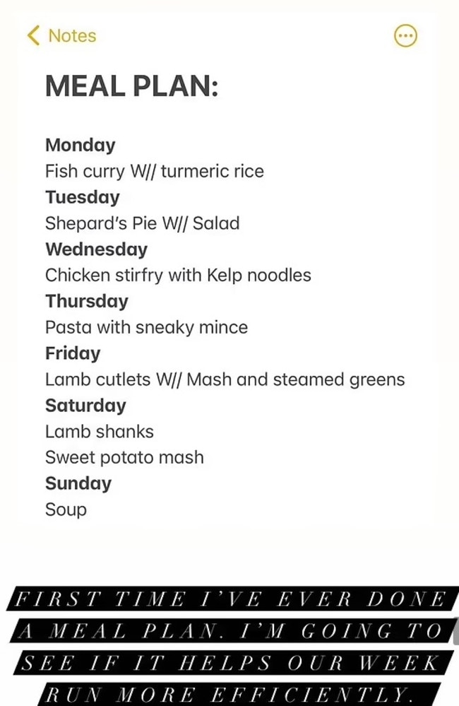 Jesinta Franklin shared a screenshot of her weekly meal plan, adding that she’s never done one before. Picture: Instagram/jesinta_franklin