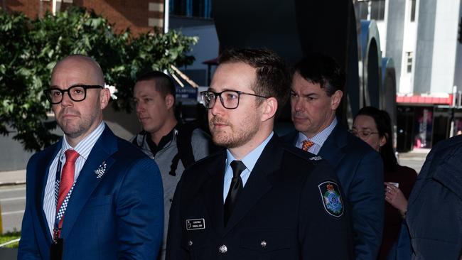 Constable Randall Kirk (centre) says he saw Constable Rachel McCrow die in front of him at a Wieambilla property in 2022. Picture: Dan Peled / NewsWire