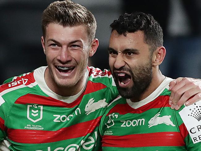 SYDNEY, AUSTRALIA - JULY 05: Alex Johnston of the Rabbitohs celebrates scoring a try with team mates during the round eight NRL match between the Canterbury Bulldogs and the South Sydney Rabbitohs at Bankwest Stadium on July 05, 2020 in Sydney, Australia. (Photo by Mark Metcalfe/Getty Images)