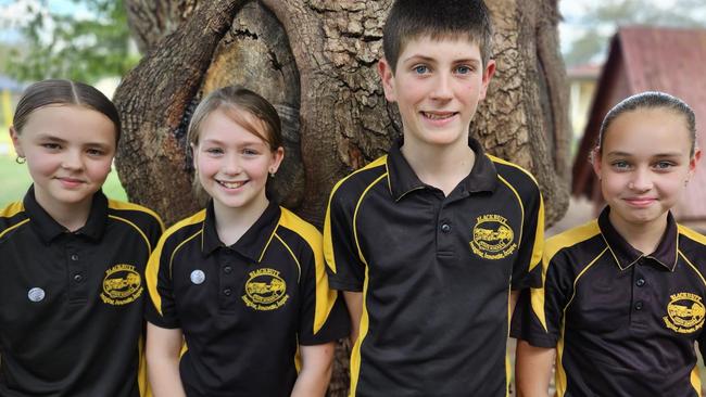 2024 Blackbutt School leaders. Paeden – Lawson Captain, Madeline and Rocco – School Captains and Indiana – Kendall Captain.