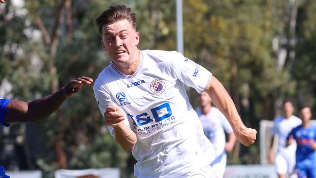 MELBOURNE, AUSTRALIA - FEBRUARY 10 2024 George Lambadaridis of Dandenong City and Kalilou Kamara of Avondale during the NPL Victoria game between Avondale v Dandenong City at Reggio Calabria Club.Picture: Brendan Beckett