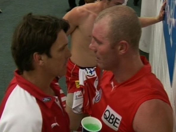 Barry Hall and Paul Roos in the change rooms after Hall was reported for striking West Coast’s Brent Staker.