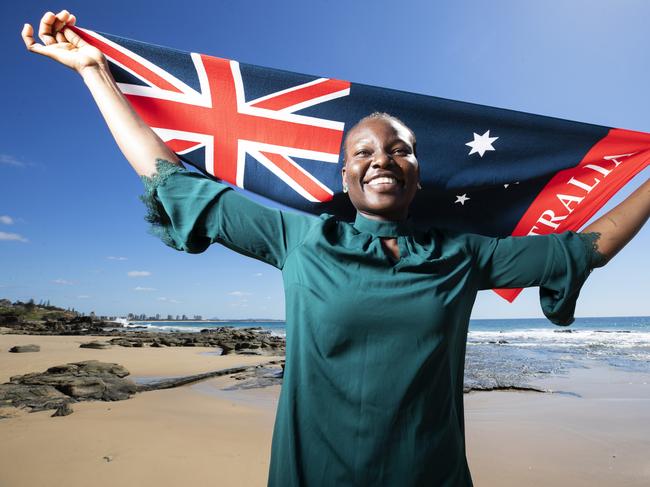 Inspirational Sunshine Coast Lighting Netballer Peace Proscovia on the beach at Mooloolaba. Photo Lachie Millard