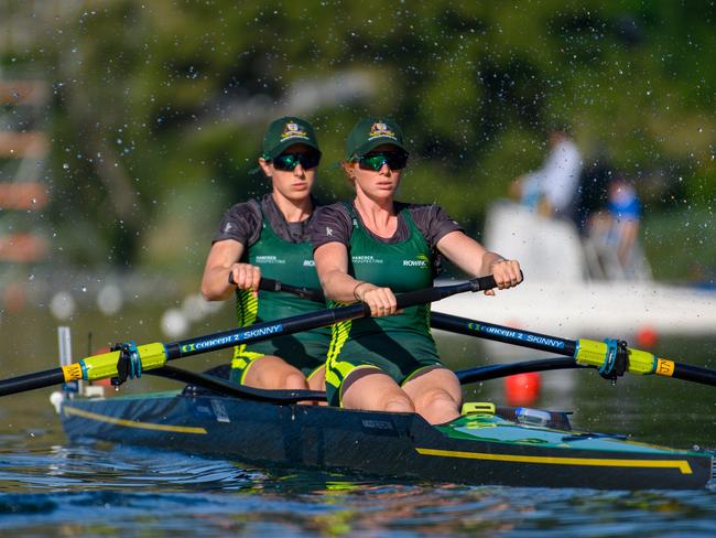 Australian women's pairs team of Jess Morrison and Annabelle McIntyre on their way to winning the World Cup in Switzerland. Picture: Vera Buscu/Rowing Australia