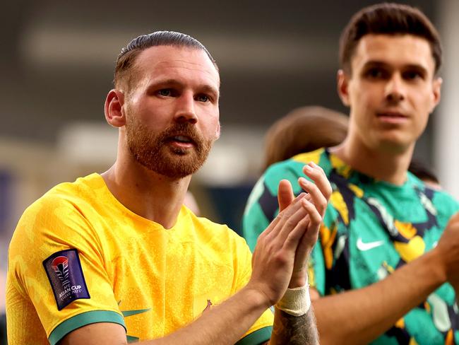 DOHA, QATAR - JANUARY 28: Martin Boyle of Australia applauds the fans at full-time following the teams victory in the AFC Asian Cup Round of 16 match between Australia and Indonesia at Jassim Bin Hamad Stadium on January 28, 2024 in Doha, Qatar. (Photo by Robert Cianflone/Getty Images)