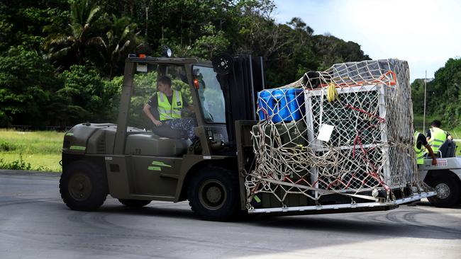 Cargo arrives on Christmas Island to set up for Australian evacuees from Wuhan. Picture: Colin Murty