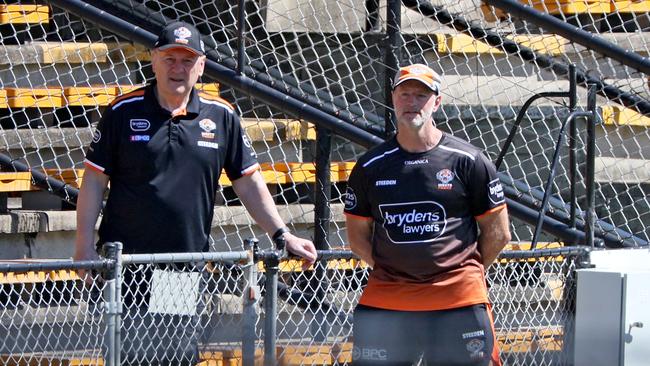 Tim Sheens and coach Michael Maguire watch the Tigers squad train at Leichardt Oval. Picture: Toby Zerna