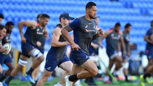 Israel Folau trains at the Gold Coast’s Cbus Super Stadium ahead of Saturday night’s Test against Argentina. Picture: AAP