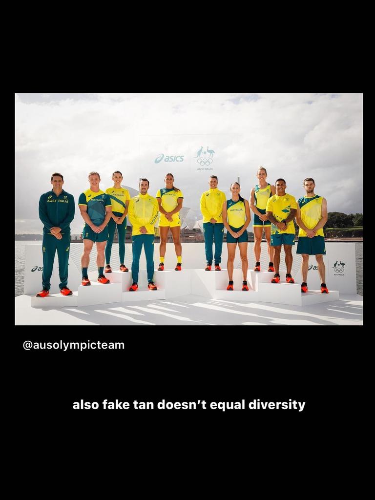 Cambage wrote “fake tan doesn’t equal diversity” alongside an image which featured Indigenous rugby player Maurice Longbottom (second from right).