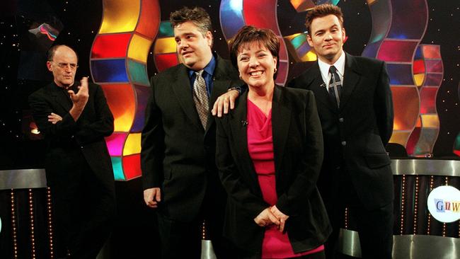 Executive producer Ted Robinson with Mikey Robbins, Julie McCrossin and Paul McDermott on the set of Good News Week in 2000. Picture: Renee Nowytarger