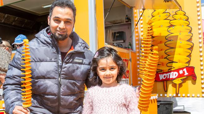 Hobart, Tasmania. Royal Hobart Show, Friday 27th October 2023. Omer and Salahma Al-Jabri with tornado potatoes. Picture: Linda Higginson