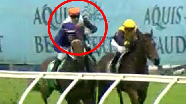 Quade (Jag Guthman-Chester, circled) was elevated from second to first after stewards deemed he was tightened by Beachside Babe (Andrew Spinks, yellow cap) at the 300m. Picture: Screengrab / Racing Queensland