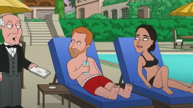 The former royals were depicted lounging by a pool.