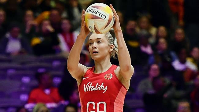 CAPE TOWN, SOUTH AFRICA - JULY 30: Helen Housby of England during the Netball World Cup 2023, Pool B match between England and Scotland at Cape Town International Convention Centre Court 1 on July 30, 2023 in Cape Town, South Africa. (Photo by Ashley Vlotman/Gallo Images/Netball World Cup 2023 via Getty Images)