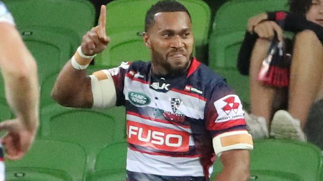 Sefanaia Naivalu celebrates a try for the Melbourne Rebels. Picture: Getty Images