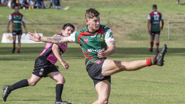 Brenton Clement kicks for Pittsworth. Pittsworth vs Highfields. TRL Hutchinson Builders A Grade 2023. Sunday, April 16, 2023. Picture: Nev Madsen.