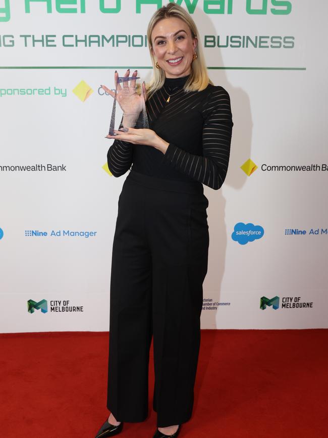 MELBOURNE, AUSTRALIA – MAY 28 2024 Elysia Krstevski from MEKE BABY – Winner: “Most Innovative Product” Award at the CommBank Young Hero Awards held at the Langham Hotel in Melbourne. Picture: Brendan Beckett