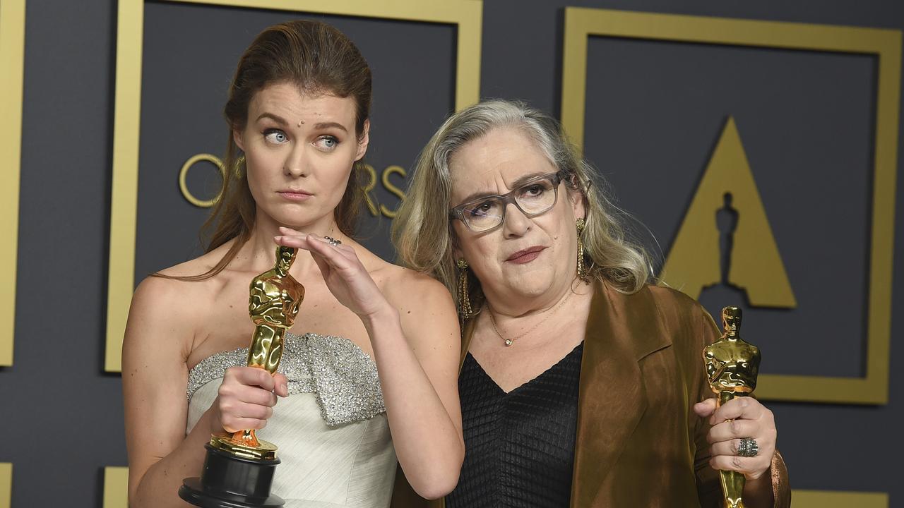 Best Short Documentary:<i> Learning to Skateboard in a Warzone (If You're a Girl)</i>. Elena Andreicheva, left, and Carol Dysinger, right, accept the award. Picture: AP