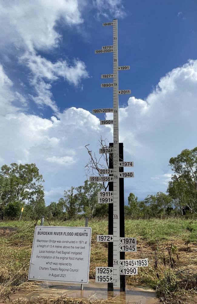 The Burdekin River flood marker at the Macrossan Bridge - the recent flood peaked above 19m, placing the 2025 flood higher than the 2011 event.