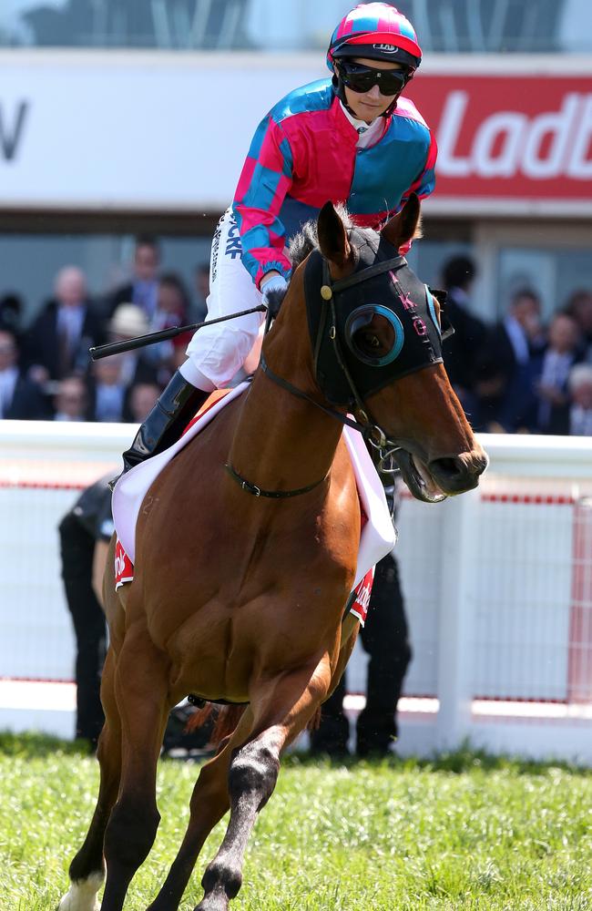 Michelle Payne heads out for the Herbert Power Stakes at Caulfield on Dandy Gent. Picture: Mark Dadswell