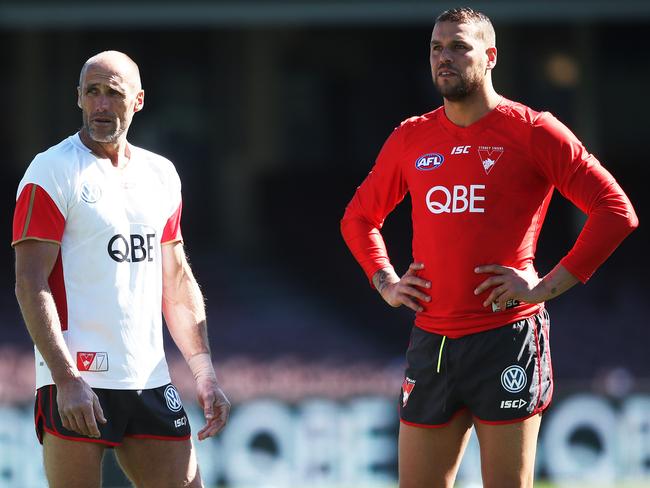 Tony Lockett with Lance Franklin during Sydney Swans training. Picture: Phil Hillyard