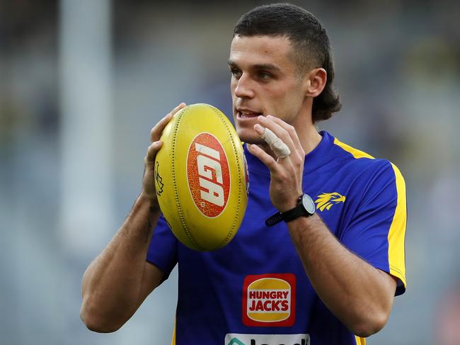 PERTH, AUSTRALIA - APRIL 29: Jake Waterman of the Eagles warms up before the 2022 AFL Round 07 match between the West Coast Eagles and the Richmond Tigers at Optus Stadium on April 29, 2022 in Perth, Australia. (Photo by Will Russell/AFL Photos via Getty Images)