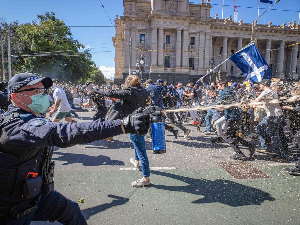 Anti-lockdown protests in Melbourne CBD clash with police. Picture: Jason Edwards