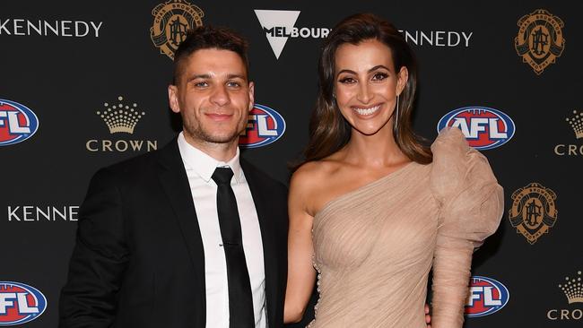 Dion Prestia of the Tigers and his partner Laney McIntyre arrive ahead of the 2019 Brownlow Medal at Crown Palladium. Picture: Getty