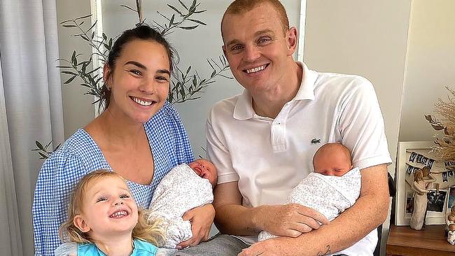 Teigan and Alex McKinnon welcomed home their twin girls Audrey and Violet with older sister Harriet. Picture: supplied