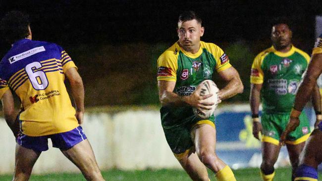 Gladiators Whyatt Barnes looks for a gap in the Roos defence in the Far North Queensland Rugby League (FNQRL) A Grade match between the Cairns Kangaroos and the Mareeba Gladiators, held at Vico Oval, Mooroobool. Picture: Brendan Radke