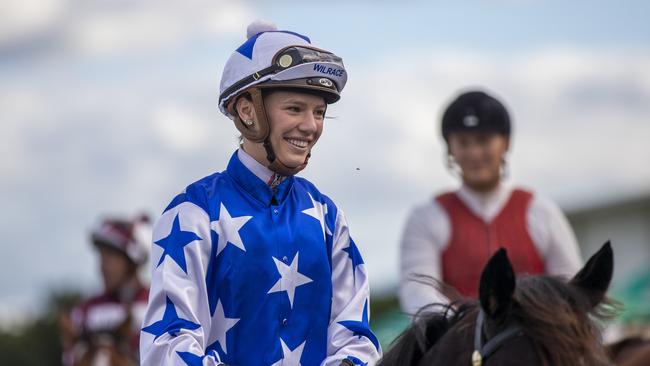 Stephanie Thornton rides The Odyssey to victory in race 7, the QTIS Jewel 3YO, during the QTIS Jewel Raceday at Aquis Park on the Gold Coast, Saturday, March 14, 2020. (AAP Image/Glenn Hunt)