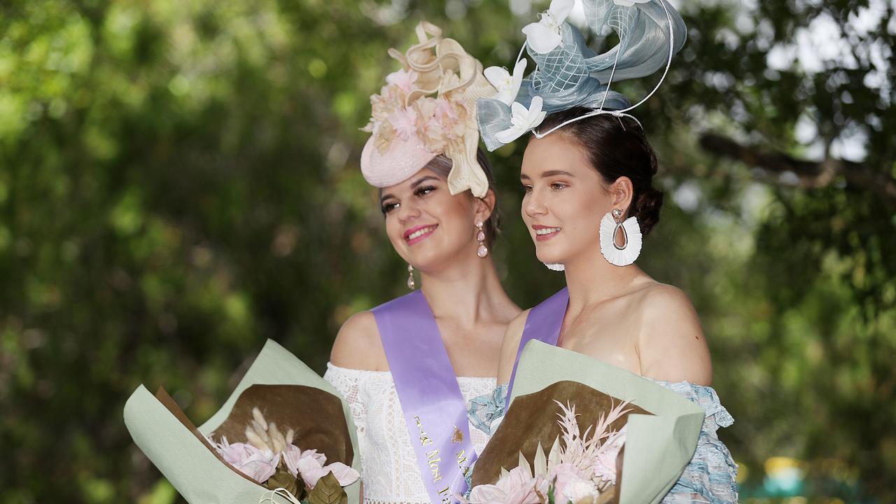 Race day at the Mareeba Turf Club. Fashions on the field teen ladies winner Sophie Cockrem from Cairns North and runner-up Emily Bensilum from Atherton. Picture: Stewart McLean