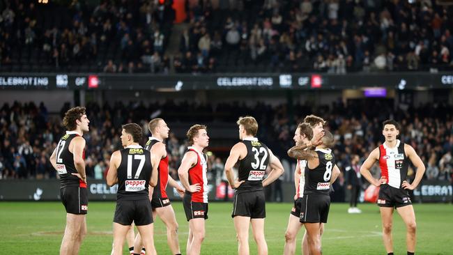 Saints players after their match with Carlton at Marvel Stadium on August 6, 2023 in Melbourne. Picture: Getty