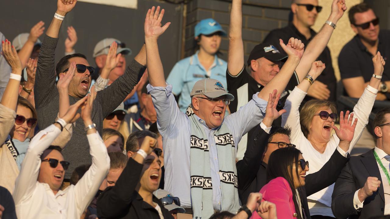 Prime Minister Scott Morrison with the Cronulla faithful at Shark Park last month. (Photo by Matt King/Getty Images)