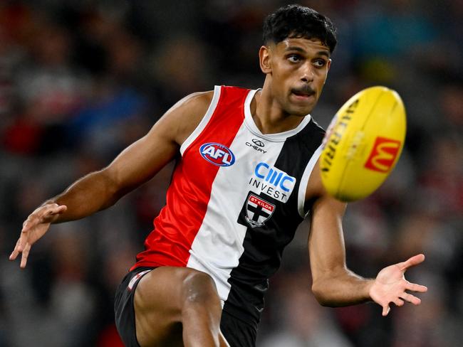 MELBOURNE, AUSTRALIA - MAY 02: Nasiah Wanganeen-Milera of the Saints kkduring the round eight AFL match between St Kilda Saints and Fremantle Dockers at Marvel Stadium, on May 02, 2025, in Melbourne, Australia. (Photo by Quinn Rooney/Getty Images)