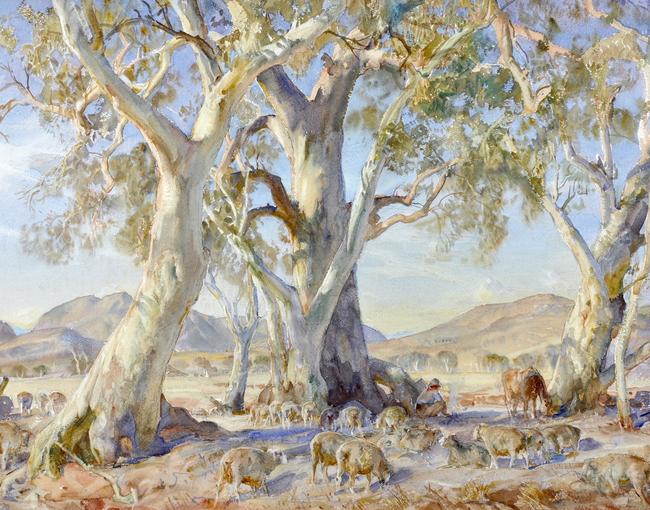 Camp at Wonoka Creek, 1932, by Hans Heysen, is thought to be his largest watercolour (55cmx74cm) and was painted on the first of 11 trips to the Flinders Ranges.