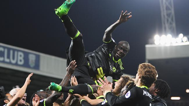 N'Golo Kante of Chelsea is chucked in the air.