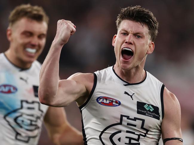 MELBOURNE, AUSTRALIA - August 18, 2023. AFL .   Sam Walsh of the Blues celebrates a 4th quarter goal during the semi final match between Melbourne and Carlton at the MCG in Melbourne, Australia.  Photo by Michael Klein.